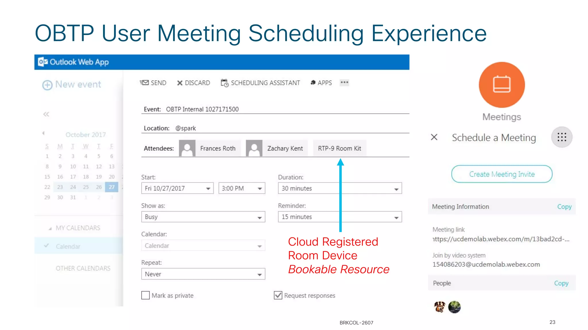 23
OBTP User Meeting Scheduling Experience
Cloud Registered
Room Device
Bookable Resource
BRKCOL-2607
 