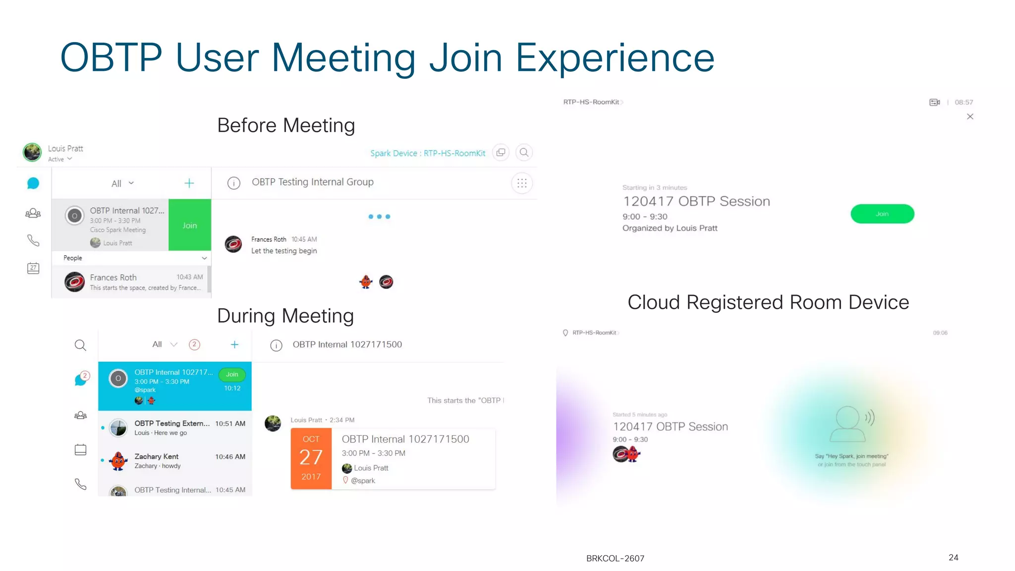 24
OBTP User Meeting Join Experience
Before Meeting
During Meeting
Cloud Registered Room Device
BRKCOL-2607
 