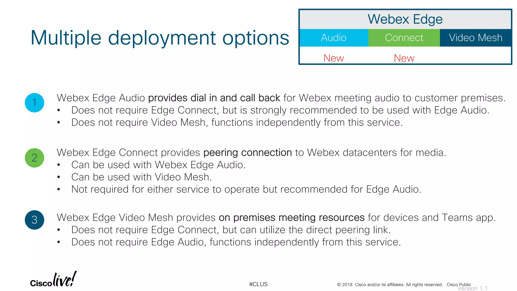 © 2018 Cisco and/or its affiliates. All rights reserved. Cisco Public#CLUS
Multiple deployment options
1
3
2
Webex Edge Connect provides peering connection to Webex datacenters for media.
• Can be used with Webex Edge Audio.
• Can be used with Video Mesh.
• Not required for either service to operate but recommended for Edge Audio.
Webex Edge Audio provides dial in and call back for Webex meeting audio to customer premises.
• Does not require Edge Connect, but is strongly recommended to be used with Edge Audio.
• Does not require Video Mesh, functions independently from this service.
Webex Edge Video Mesh provides on premises meeting resources for devices and Teams app.
• Does not require Edge Connect, but can utilize the direct peering link.
• Does not require Edge Audio, functions independently from this service.
Version 1.1
Audio Connect Video Mesh
Webex Edge
New New
 