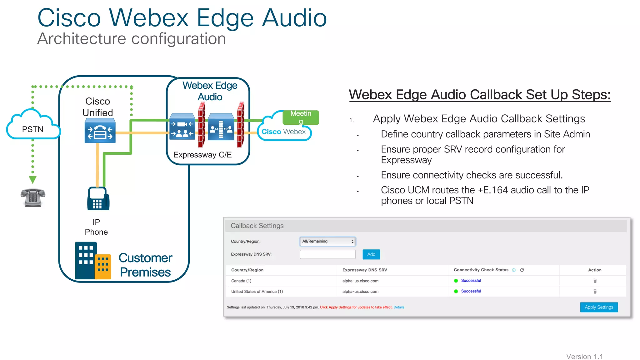 Webex Edge Audio Callback Set Up Steps:
1. Apply Webex Edge Audio Callback Settings
• Define country callback parameters in Site Admin
• Ensure proper SRV record configuration for
Expressway
• Ensure connectivity checks are successful.
• Cisco UCM routes the +E.164 audio call to the IP
phones or local PSTN
Cisco Webex Edge Audio
Architecture configuration
IP
Phone
Cisco
Unified
CM
Customer
Premises
Media Path
Z
Expressway C/E
Webex Edge
Audio
Signaling
Meetin
g
PSTN
Version 1.1
 