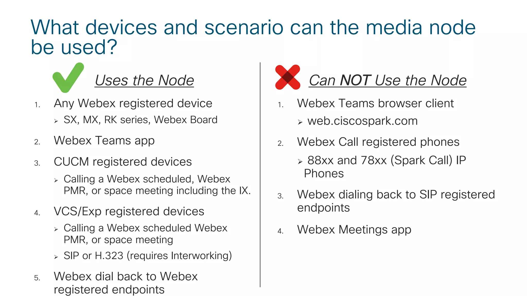 Uses the Node
1. Any Webex registered device
Ø SX, MX, RK series, Webex Board
2. Webex Teams app
3. CUCM registered devices
Ø Calling a Webex scheduled, Webex
PMR, or space meeting including the IX.
4. VCS/Exp registered devices
Ø Calling a Webex scheduled Webex
PMR, or space meeting
Ø SIP or H.323 (requires Interworking)
5. Webex dial back to Webex
registered endpoints
Can NOT Use the Node
1. Webex Teams browser client
Ø web.ciscospark.com
2. Webex Call registered phones
Ø 88xx and 78xx (Spark Call) IP
Phones
3. Webex dialing back to SIP registered
endpoints
4. Webex Meetings app
What devices and scenario can the media node
be used?
 