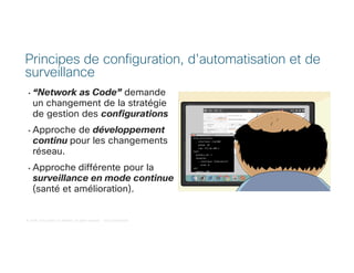 © 2018 Cisco and/or its affiliates. All rights reserved. Cisco Confidential
• “Network as Code” demande
un changement de la stratégie
de gestion des configurations
• Approche de développement
continu pour les changements
réseau.
• Approche différente pour la
surveillance en mode continue
(santé et amélioration).
Principes de configuration, d'automatisation et de
surveillance
 
