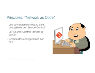 © 2018 Cisco and/or its affiliates. All rights reserved. Cisco Confidential
• Les configurations réseau dans
un système de “Source Control”
• Le “Source Control” détient la
vérité!
• Gestion des configurations par
API
Principles: ”Network as Code”
 