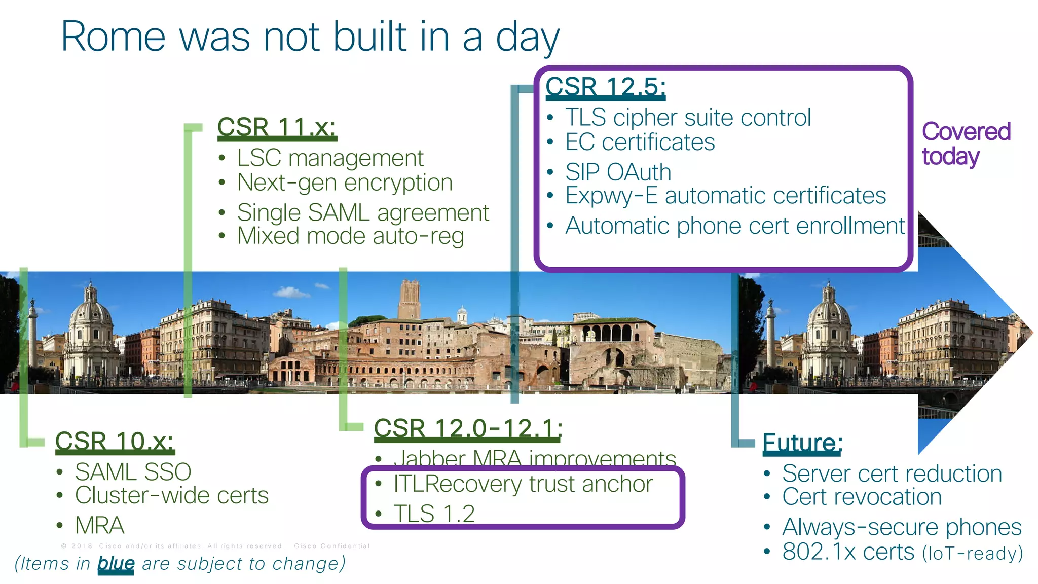 © 2 0 1 8 C is c o a n d / o r it s a f f ilia t e s . A ll r ig h t s r e s e r v e d . C is c o C o n f id e n t ia l
Rome was not built in a day
Future:
• Server cert reduction
• Cert revocation
• Always-secure phones
• 802.1x certs (IoT-ready)
CSR 12.5:
• TLS cipher suite control
• EC certificates
• SIP OAuth
• Expwy-E automatic certificates
• Automatic phone cert enrollment
CSR 12.0-12.1:
• Jabber MRA improvements
• ITLRecovery trust anchor
• TLS 1.2
CSR 11.x:
• LSC management
• Next-gen encryption
• Single SAML agreement
• Mixed mode auto-reg
CSR 10.x:
• SAML SSO
• Cluster-wide certs
• MRA
(Items in blue are subject to change)
Covered
today
 