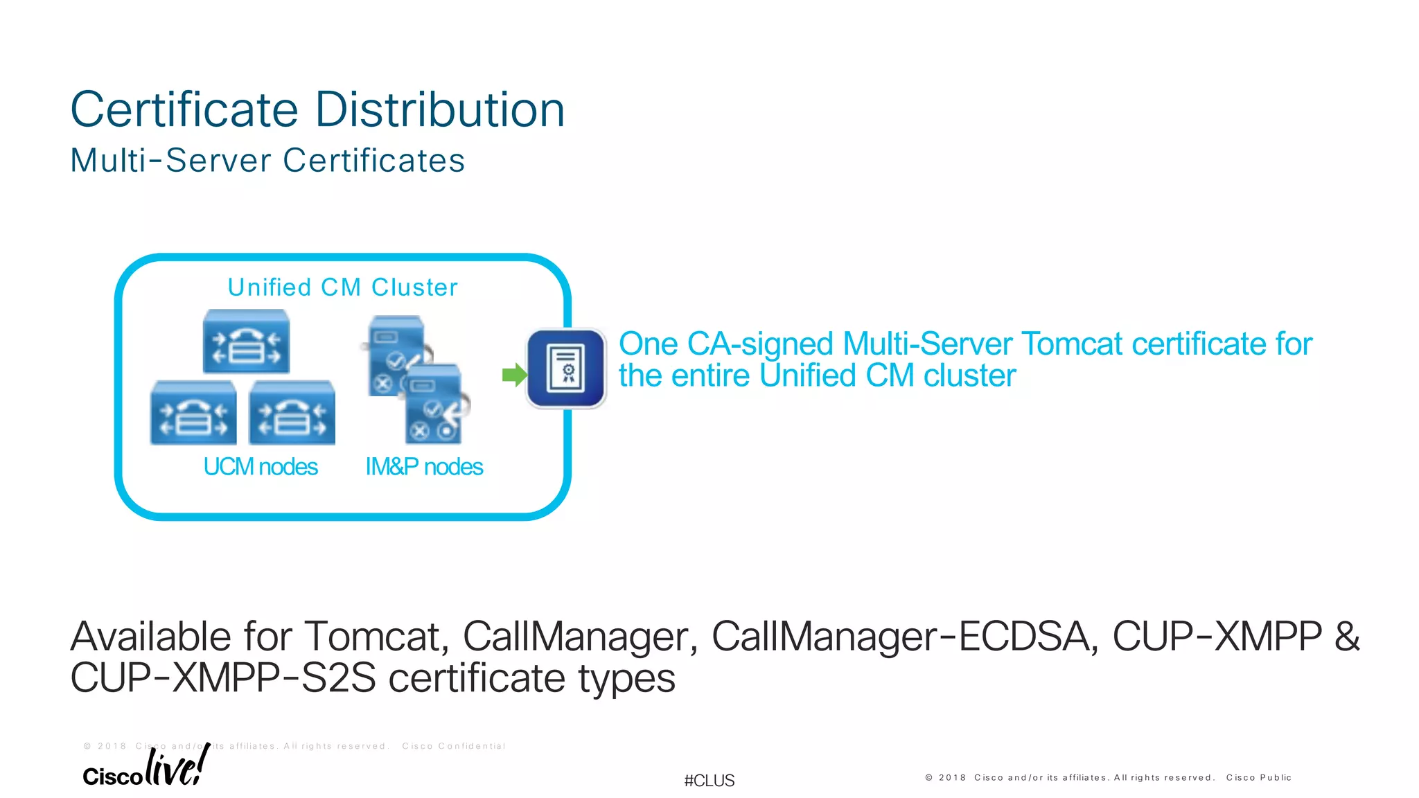 © 2 0 1 8 C is c o a n d / o r it s a f f ilia t e s . A ll r ig h t s r e s e r v e d . C is c o C o n f id e n t ia l
© 2 0 1 8 C is c o a n d / o r its a ffilia te s . A ll r ig h ts r e s e r v e d . C is c o P u b lic
#CLUS
Certificate Distribution
Available for Tomcat, CallManager, CallManager-ECDSA, CUP-XMPP &
CUP-XMPP-S2S certificate types
Multi-Server Certificates
Unified CM Cluster
UCMnodes IM&P nodes
One CA-signed Multi-Server Tomcat certificate for
the entire Unified CM cluster
 