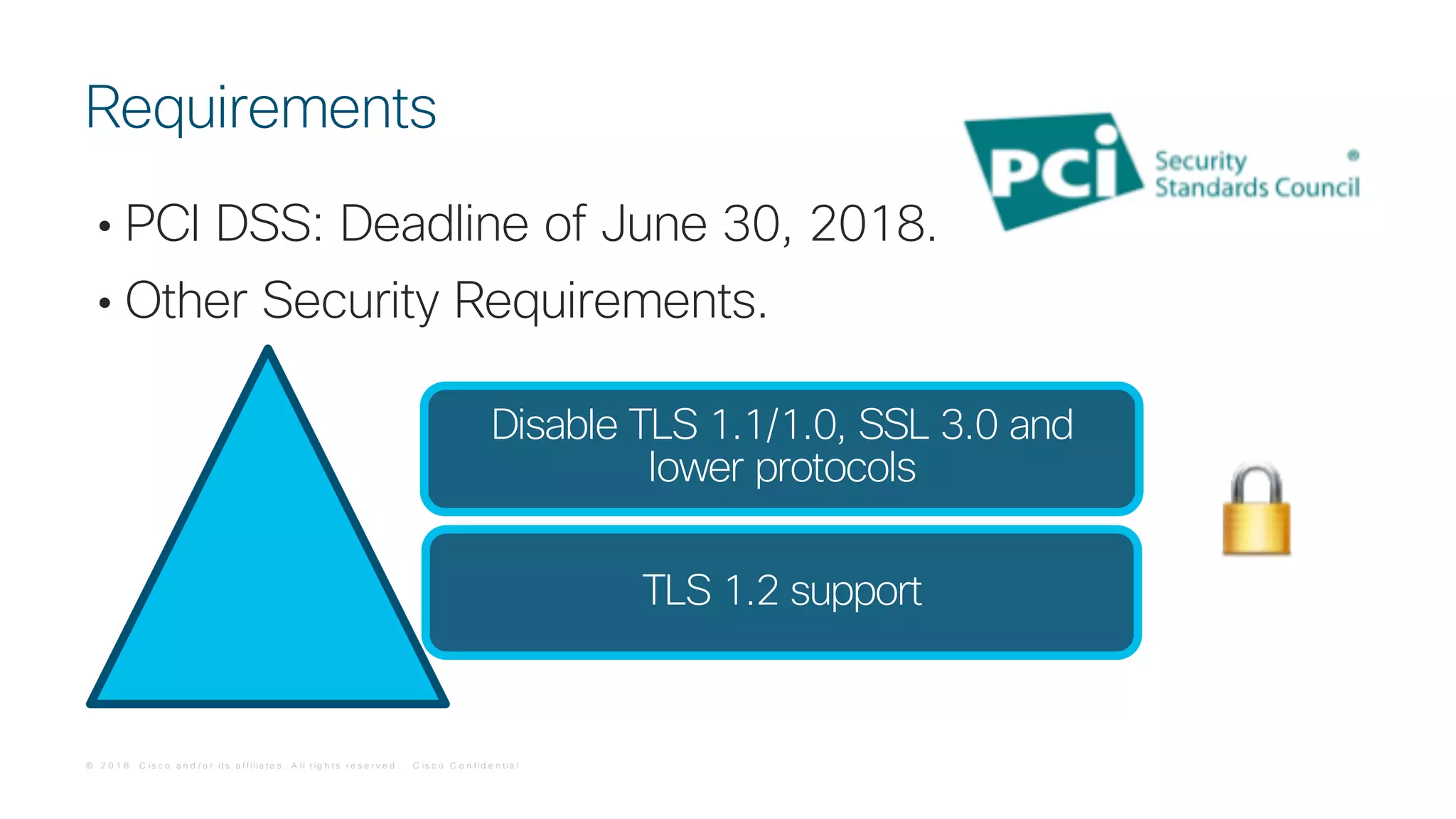 © 2 0 1 8 C is c o a n d / o r it s a f f ilia t e s . A ll r ig h t s r e s e r v e d . C is c o C o n f id e n t ia l
• PCI DSS: Deadline of June 30, 2018.
• Other Security Requirements.
Requirements
Disable TLS 1.1/1.0, SSL 3.0 and
lower protocols
TLS 1.2 support
 
