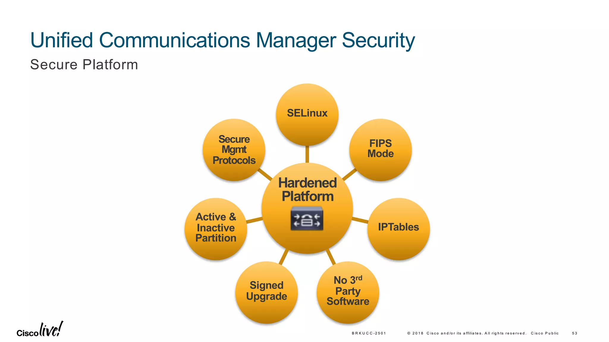 © 2 0 1 8 C is c o a n d /o r its a ffilia te s . A ll rig h ts re s e rv e d . C is c o P u b lic 5 3B R K U C C -2 5 0 1
Unified Communications Manager Security
Hardened
Platform
SELinux
FIPS
Mode
IPTables
No 3rd
Party
Software
Signed
Upgrade
Active &
Inactive
Partition
Secure
Mgmt
Protocols
Secure Platform
 