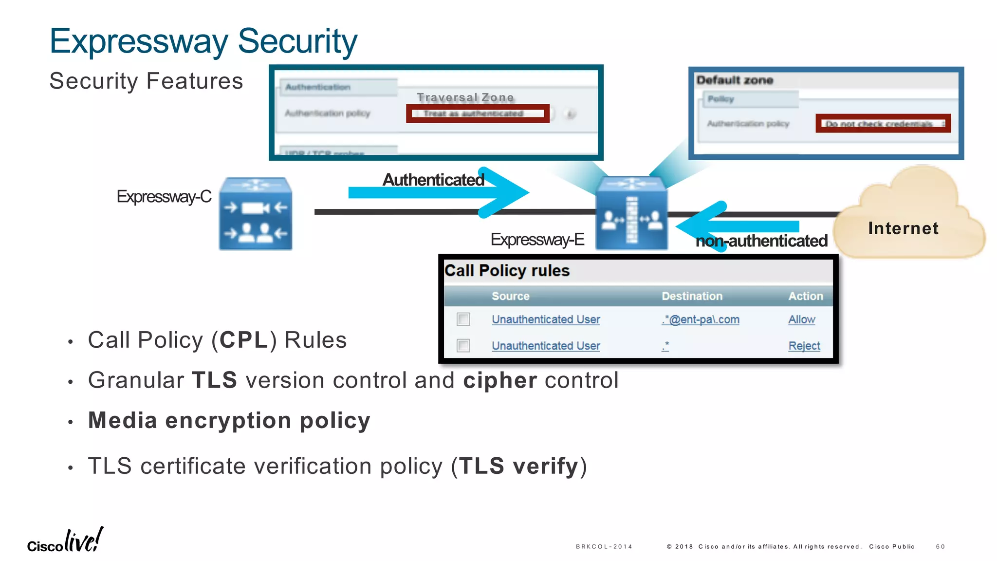 © 2 0 1 8 C is c o a n d /o r its a ffilia te s . A ll rig h ts re s e rv e d . C is c o P u b lic
Expressway Security
Security Features
6 0B R K C O L - 2 0 1 4
• Call Policy (CPL) Rules
• Granular TLS version control and cipher control
• Media encryption policy
• TLS certificate verification policy (TLS verify)
Traversal Zone
Internet
Authenticated
non-authenticated
Expressway-C
Expressway-E
 