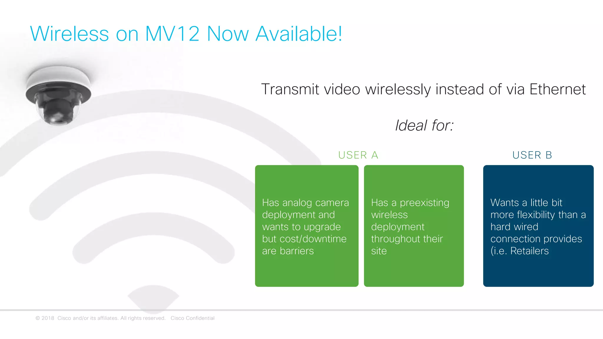 © 2018 Cisco and/or its affiliates. All rights reserved. Cisco Confidential
Wireless on MV12 Now Available!
Transmit video wirelessly instead of via Ethernet
Ideal for:
Has analog camera
deployment and
wants to upgrade
but cost/downtime
are barriers
Has a preexisting
wireless
deployment
throughout their
site
Wants a little bit
more flexibility than a
hard wired
connection provides
(i.e. Retailers)
USER A USER B
 