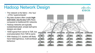 Hadoop Network Design
•  The network is the fabric – the ‘bus’
- of the ‘supercomputer’
•  Big data clusters often create ...