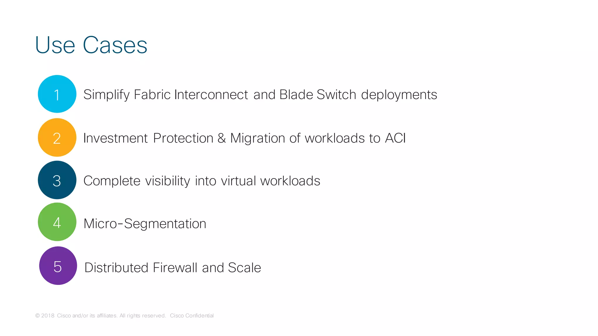 © 2018 Cisco and/or its affiliates. All rights reserved. Cisco Confidential
Use Cases
Simplify Fabric Interconnect and Blade Switch deployments
Complete visibility into virtual workloads
Micro-Segmentation
Investment Protection & Migration of workloads to ACI
1
2
3
4
Distributed Firewall and Scale5
 