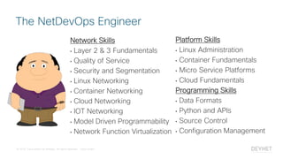© 2018 Cisco and/or its affiliates. All rights reserved. Cisco Public
Network Skills
• Layer 2 & 3 Fundamentals
• Quality of Service
• Security and Segmentation
• Linux Networking
• Container Networking
• Cloud Networking
• IOT Networking
• Model Driven Programmability
• Network Function Virtualization
Platform Skills
• Linux Administration
• Container Fundamentals
• Micro Service Platforms
• Cloud Fundamentals
Programming Skills
• Data Formats
• Python and APIs
• Source Control
• Configuration Management
The NetDevOps Engineer
 