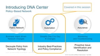 © 2018 Cisco and/or its affiliates. All rights reserved. Cisco Confidential
© 2018 Cisco and/or its affiliates. All rights reserved. Cisco Public
Decouple Policy from
Network Topology
Industry Best-Practices
and Policy Compliance
Proactive Issue
Identification and
Resolution
Business Intent driven
Network Changes
Simplify Day 0 to Day
N Changes
Monitoring
and Troubleshooting
Fabric Network Automation Assurance
Introducing DNA Center
Policy-Based Network
Covered in this session
 