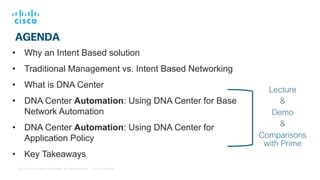 © 2018 Cisco and/or its affiliates. All rights reserved. Cisco Confidential
Cisco Connect delivers education and
inspiration to technology innovators
worldwide.
• Why an Intent Based solution
• Traditional Management vs. Intent Based Networking
• What is DNA Center
• DNA Center Automation: Using DNA Center for Base
Network Automation
• DNA Center Automation: Using DNA Center for
Application Policy
• Key Takeaways
AGENDA
Lecture
&
Demo
&
Comparisons
with Prime
 