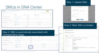 © 2018 Cisco and/or its affiliates. All rights reserved. Cisco Confidential
SMUs in DNA Center
Step 1: Upload SMU
Step 2: SMU is automatically associated with
corresponding image
Step 3: Mark SMU as Golden
 