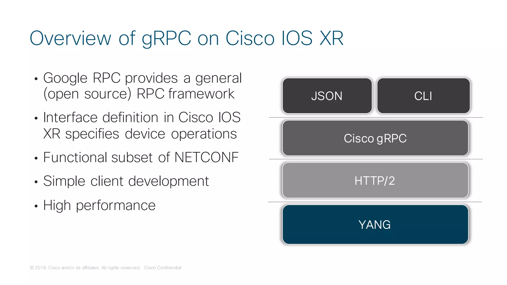 © 2018 Cisco and/or its affiliates. All rights reserved. Cisco Confidential
Cisco gRPC
CLIJSON
YANG
HTTP/2
• Google RPC provides a general
(open source) RPC framework
• Interface definition in Cisco IOS
XR specifies device operations
• Functional subset of NETCONF
• Simple client development
• High performance
Overview of gRPC on Cisco IOS XR
 