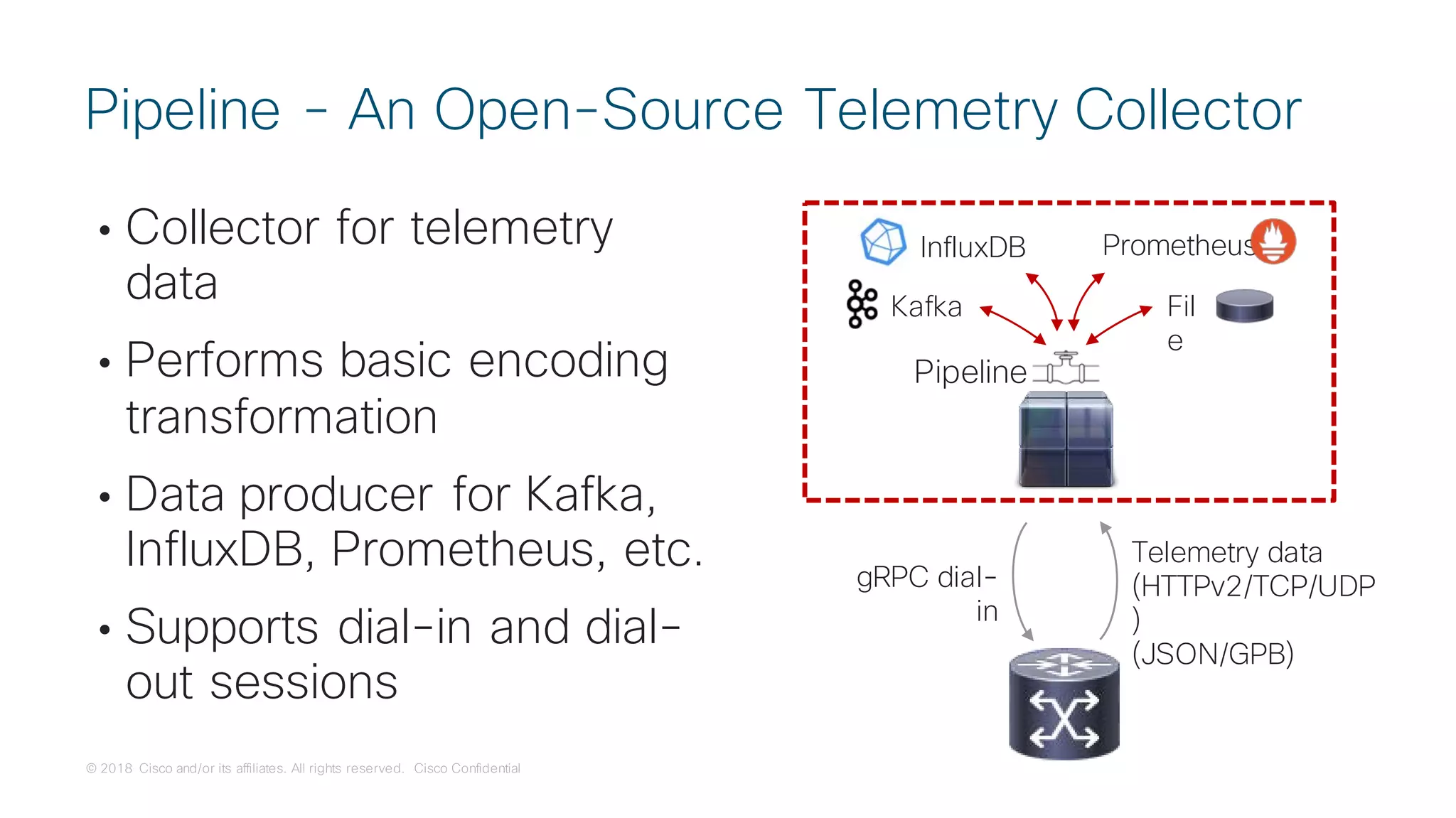 © 2018 Cisco and/or its affiliates. All rights reserved. Cisco Confidential
• Collector for telemetry
data
• Performs basic encoding
transformation
• Data producer for Kafka,
InfluxDB, Prometheus, etc.
• Supports dial-in and dial-
out sessions
Pipeline - An Open-Source Telemetry Collector
Telemetry data
(HTTPv2/TCP/UDP
)
(JSON/GPB)
gRPC dial-
in
Kafka Fil
e
InfluxDB Prometheus
Pipeline
 