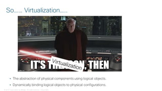 © 2018 Cisco and/or its affiliates. All rights reserved. Cisco Public
So…… Virtualization…..
• The abstraction of physical components using logical objects.
• Dynamically binding logical objects to physical configurations.
 