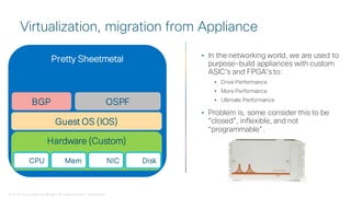 © 2018 Cisco and/or its affiliates. All rights reserved. Cisco Public
Pretty Sheetmetal
Virtualization, migration from Appliance
• In the networking world, we are used to
purpose-build appliances with custom
ASIC’s and FPGA’s to:
• Drive Performance
• More Performance
• Ultimate Performance
• Problem is, some consider this to be
“closed”, inflexible, and not
“programmable”.
Hardware (Custom)
CPU Mem NIC Disk
Guest OS (IOS)
BGP OSPF
 