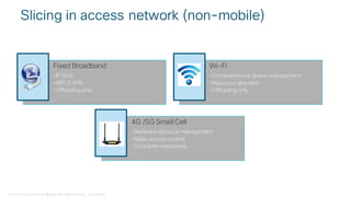 © 2018 Cisco and/or its affiliates. All rights reserved. Cisco Public
Slicing in access network (non-mobile)
Fixed Broadband
•IP QoS
•MPLS VPN
•Offloading only
Wi-Fi
•Comprehensive queue management
•Resource allocation
•Offloading only
4G /5G Small Cell
•Backhaul resource management
•Radio access control
•Scheduler resourcing
 