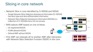 © 2018 Cisco and/or its affiliates. All rights reserved. Cisco Public
Slicing in core network
• Network Slice in core identified by S-NSSAI and NSSAI
• Single Network Slice Selection Assistanceinformation (S-NSSAI)
has slice type and slice differentiator information
• Network Slice Selection Assistanceinformation (NSSAI) is a
collection of S-NSSAIs that a UE can access
• RAN selects AMF based on one of these:
• UE registered NSSAI
• PLMN allowed NSSAI
• Default AMF without NSSAI
• First AMF can relocate UE to another AMF after interaction
with Network Slice Selection Function (NSSF) in the core
UPF
AMF
PCF
NRF
SMF
SMF
UPF
AMF NRFPCF
SMFUPF AF
S lice #1
S lice #2
S lice #3
Common NFs used by two slices
PCF
Def ault AMF
CUP S UPF
NSSFUDM
RAN
S lice S election
 
