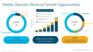 © 2018 Cisco and/or its affiliates. All rights reserved. Cisco Public
Mobile Operator Revenue Growth Opportunities
Core
$
Automotive Healthcare
Transport
Utilities
Consumer
Today
Operator businessmostly focused on
the saturated consumer market
Source: European Commission Report, 2016
Core
$
Automotive
Healthcare
Transport
Utilities
Consumer
2025
Verticallytargeted services will
accelerate operator business growth
Video drives traffic…
but not revenue
0
5
10
15
20
25
30
35
2015 2016 2017 2018 2019 2020
ExabytesperMonth
Mobile File Sharing (1%, 2%)
Mobile Audio (8%, 6%)
Mobile Web/Data/VoIP
(36%, 17%)
Mobile Video (55%, 75%)
53% CAGR 2015-2020
 