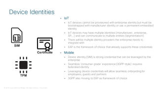 © 2018 Cisco and/or its affiliates. All rights reserved. Cisco Public
• IoT
• IoT devices cannot be provisioned with enterprise identity but must be
bootstrapped with manufacturer identity or use a permanent embedded
identity
• IoT devices may have multiple identities (manufacturer, enterprise,
SP,…) and can communicate to multiple entities (segmentation!)
• There will be multiple identity providers the enterprise needs to
integrate with
• EAP is the framework of choice that already supports these credentials
• Mobile
• Device identity (SIM) is strong credential that can be leveraged by the
enterprise
• Seamless ‘consumer grade’ experience (3GPP-style) requires
federated identity
• Leveraging device credentials will allow seamless onboarding for
employees, guests and partners
• 3GPP also moving to EAP as framework of choice
Device Identities
SIM
Certificate
TPM
 