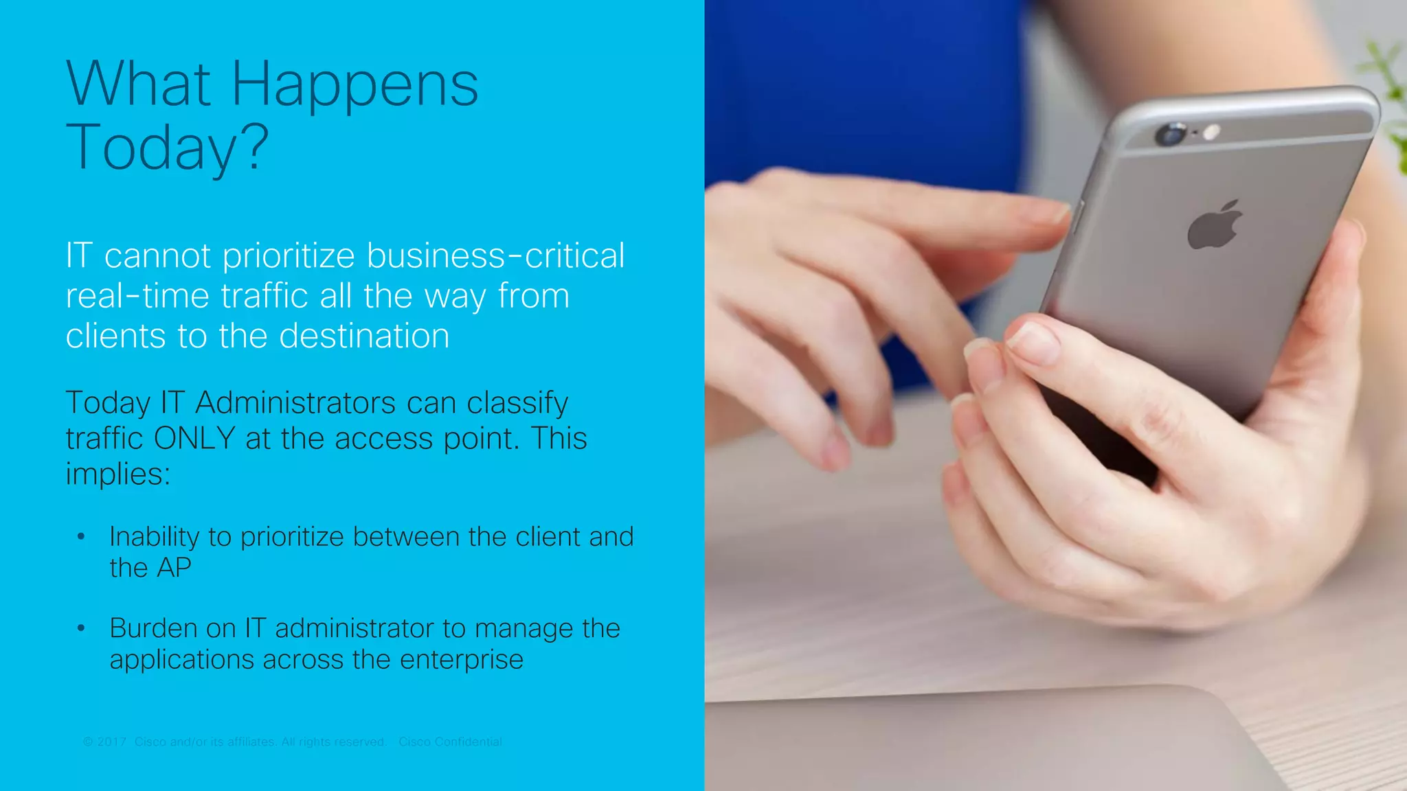 © 2017 Cisco and/or its affiliates. All rights reserved. Cisco Confidential© 2017 Cisco and/or its affiliates. All rights reserved. Cisco Confidential
What Happens
Today?
IT cannot prioritize business-critical
real-time traffic all the way from
clients to the destination
Today IT Administrators can classify
traffic ONLY at the access point. This
implies:
• Inability to prioritize between the client and
the AP
• Burden on IT administrator to manage the
applications across the enterprise
 