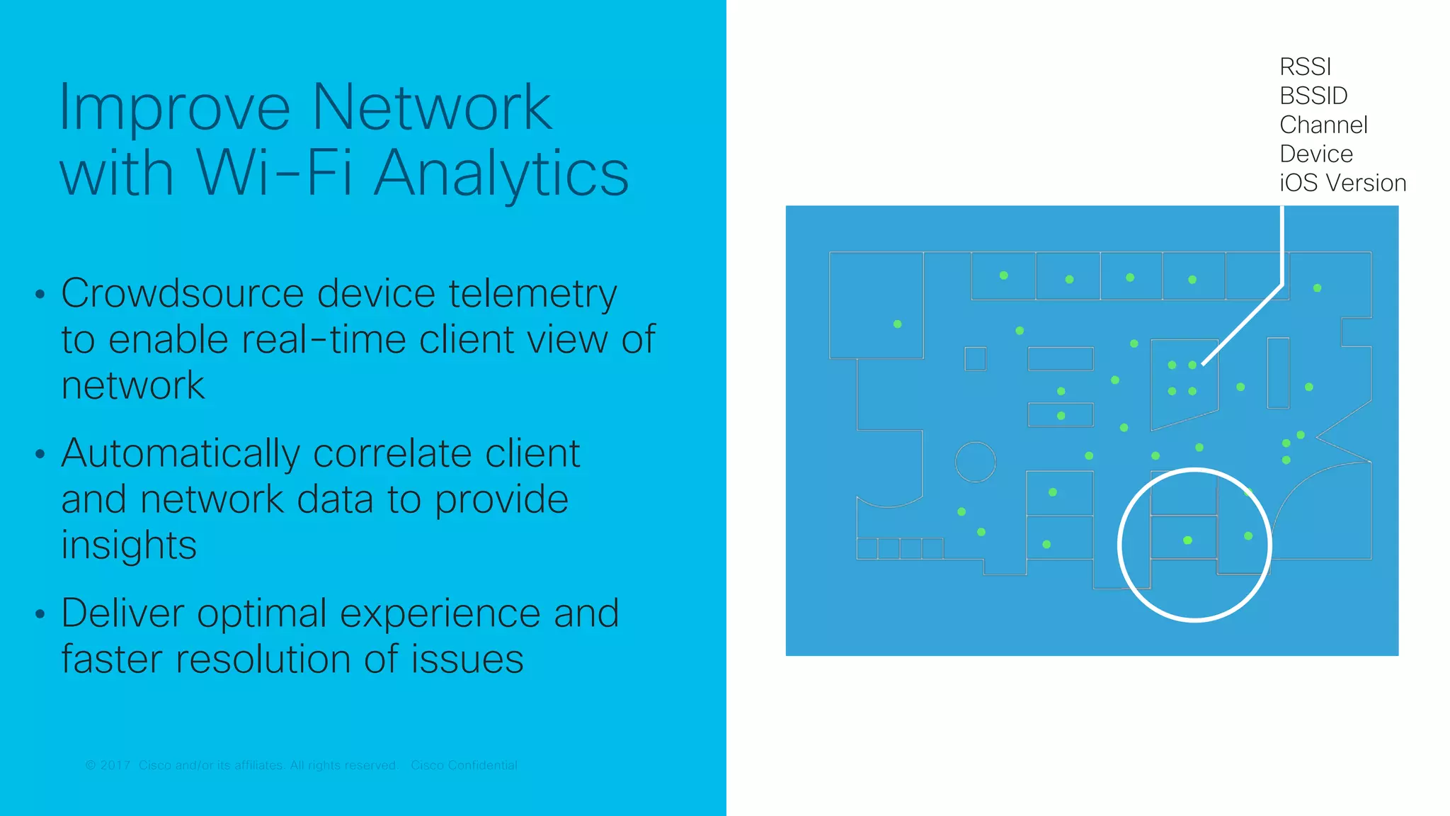 © 2017 Cisco and/or its affiliates. All rights reserved. Cisco Confidential© 2017 Cisco and/or its affiliates. All rights reserved. Cisco Confidential
• Crowdsource device telemetry
to enable real-time client view of
network
• Automatically correlate client
and network data to provide
insights
• Deliver optimal experience and
faster resolution of issues
Improve Network
with Wi-Fi Analytics
RSSI
BSSID
Channel
Device
iOS Version
 