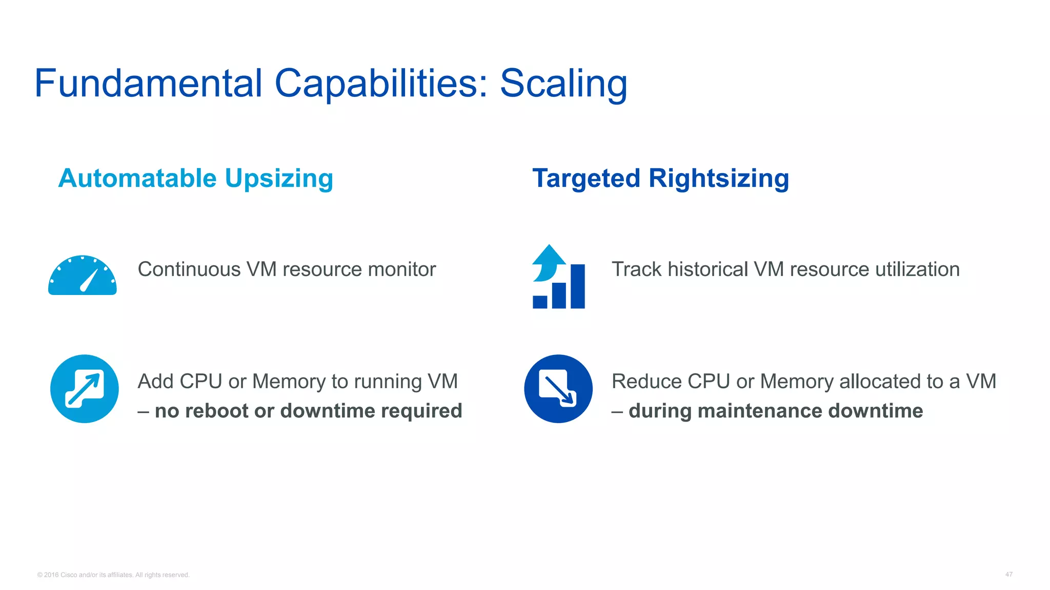 © 2016 Cisco and/or its affiliates. All rights reserved. 47
Automatable Upsizing
Continuous VM resource monitor
Add CPU or Memory to running VM
– no reboot or downtime required
Targeted Rightsizing
Track historical VM resource utilization
Reduce CPU or Memory allocated to a VM
– during maintenance downtime
Fundamental Capabilities: Scaling
 