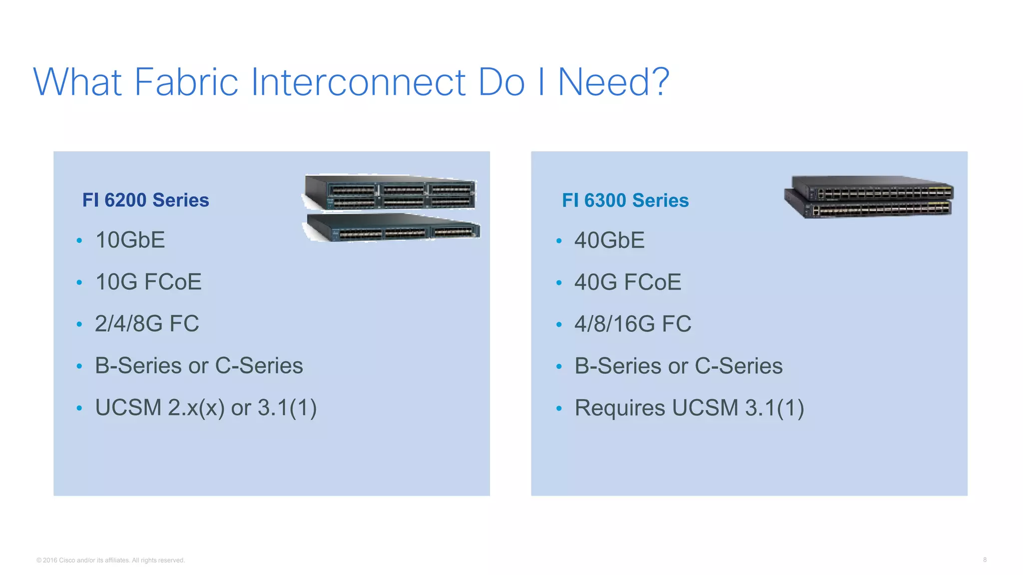 © 2016 Cisco and/or its affiliates. All rights reserved. 8
FI 6200 Series
• 10GbE
• 10G FCoE
• 2/4/8G FC
• B-Series or C-Series
• UCSM 2.x(x) or 3.1(1)
What Fabric Interconnect Do I Need?
FI 6300 Series
• 40GbE
• 40G FCoE
• 4/8/16G FC
• B-Series or C-Series
• Requires UCSM 3.1(1)
 