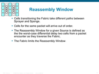 Reassembly Window Cells transitioning the Fabric take different paths between Sprayer and Sponge. Cells for the same packet will arrive out of order. The Reassembly Window for a given Source is defined as the the worst-case differential delay two cells from a packet encounter as they traverse the Fabric.  The Fabric limits the Reassembly Window 
