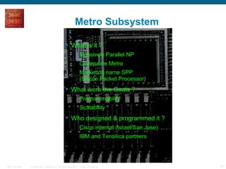 Metro Subsystem What is it ? Massively Parallel NP Codename Metro Marketing name SPP  (Silicon Packet Processor) What were the Goals ? Programmability  Scalability Who designed & programmed it ? Cisco internal (Israel/San Jose) IBM and Tensilica partners 