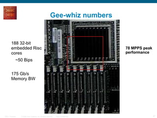 Gee-whiz numbers 188 32-bit embedded Risc cores  ~50 Bips 175 Gb/s Memory BW 78 MPPS peak performance 