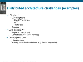 Distributed architecture challenges (examples) HW wise Switching fabric High BW switching QOS Traffic loss Speedup Data plane (SW) High BW / packet rate Limited resources (cpu, memory) Control plane (SW) High event rate Routing information distribution (e.g. forwarding tables) 