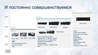 И постоянно совершенствуемся
3900(E)
ISR 4451-X
2000
2005
2010
2015
Anti-Counterfeiting (ACT)
39[24]5 PPC (XSPACE, ASLR)
MIPs based G2 – Partial ASLR
39[24]5e Intel (XSPACE)
Image Signing
Common Criteria + НДВ ФСТЭК
FIPs
CSDL
Trust Anchor Module
(SUDI, Secure Storage,
Entropy)
Secure Boot,
Image Signing,
XSPACE.
ASLR enabled IOSd
Cisco SSL
Common Criteria, FIPs
ISR
Anti-Counterfeiting (ACT)
Common Criteria
FIPs
3900 Series
1900 Series
800 Series
Cisco 1800 Cisco 2800 Cisco 3800
G1
G2
G3
16
 