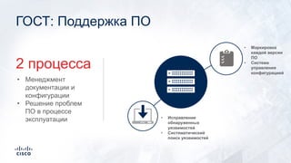 ГОСТ: Поддержка ПО
• Менеджмент
документации и
конфигурации
• Решение проблем
ПО в процессе
эксплуатации • Исправление
обнаруженных
уязвимостей
• Систематический
поиск уязвимостей
• Маркировка
каждой версии
ПО
• Система
управления
конфигурацией
2 процесса
 