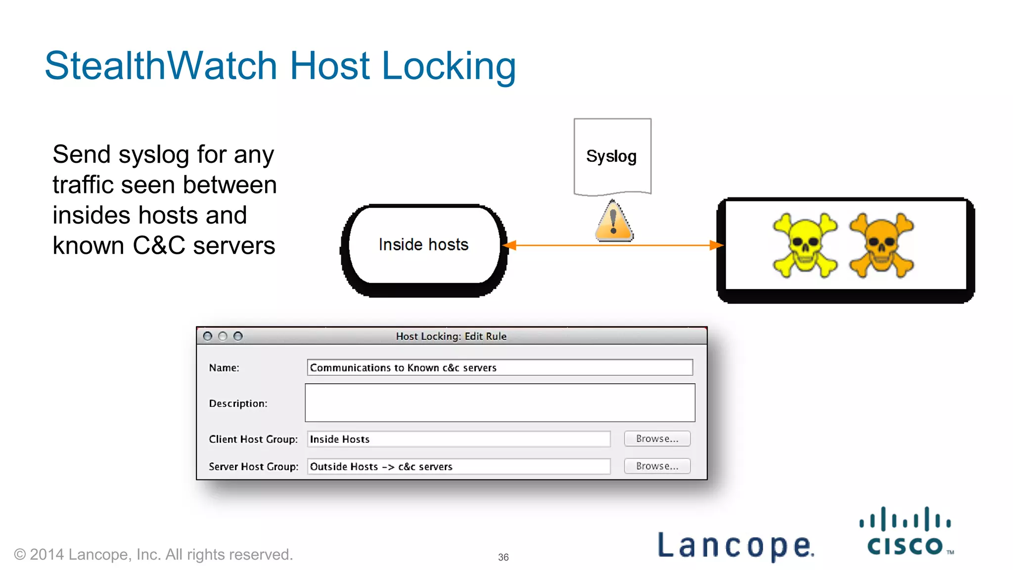 © 2014 Lancope, Inc. All rights reserved. 
StealthWatch Host Locking 
36 
Send syslog for any traffic seen between insides hosts and known C&C servers  