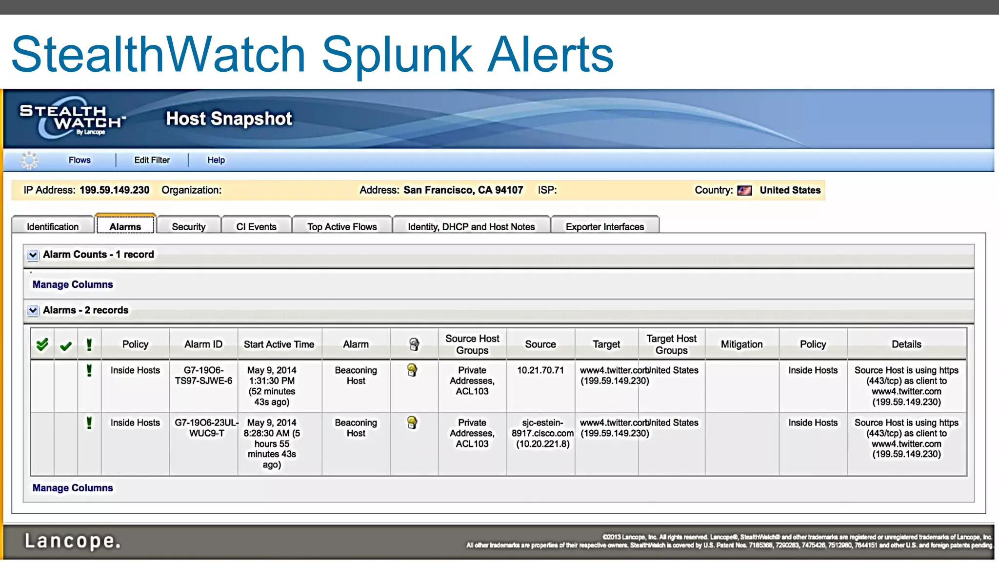 © 2014 Lancope, Inc. All rights reserved. 
StealthWatch Splunk Alerts 
Link to StealthWatch host snapshot  