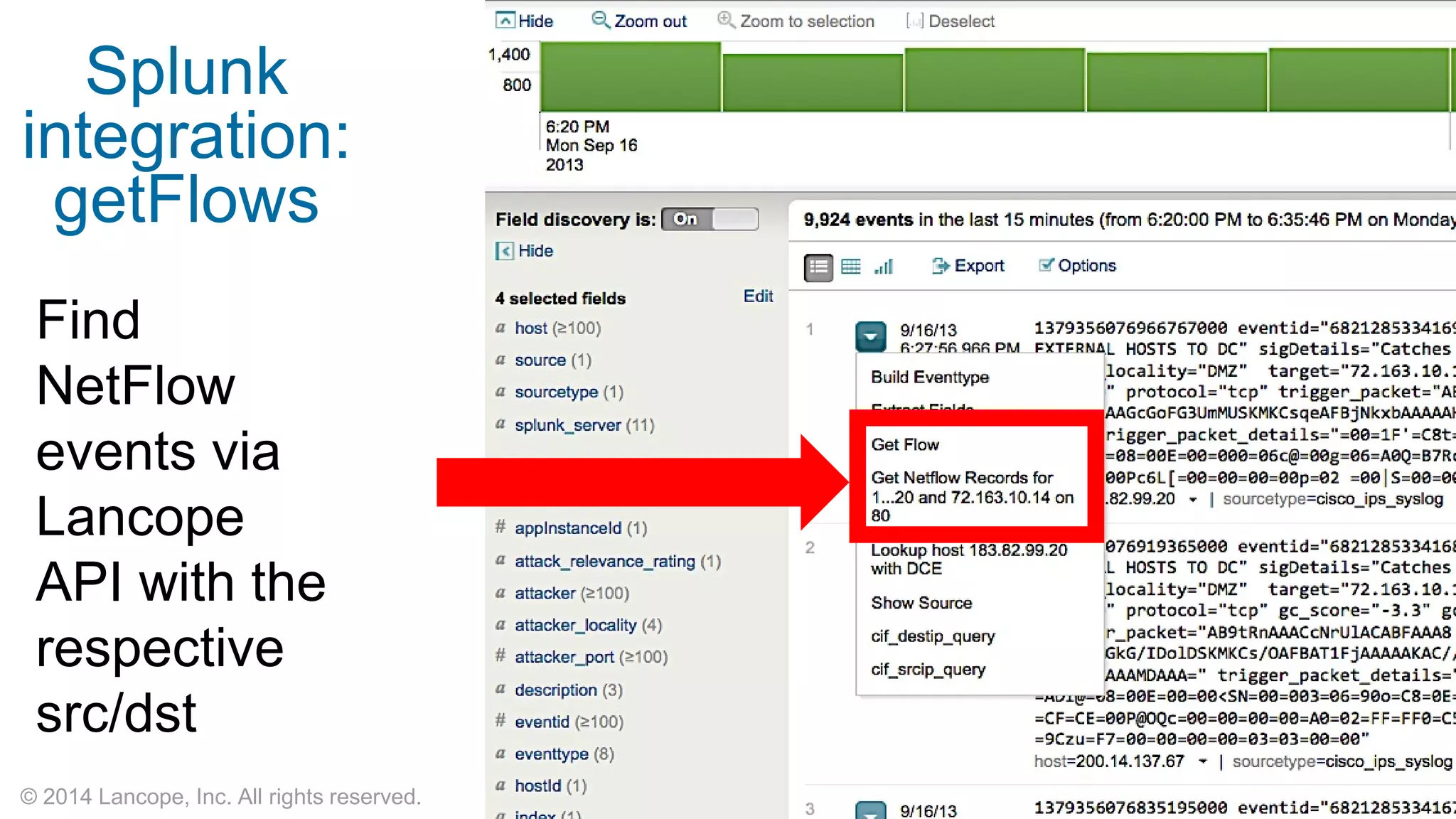 © 2014 Lancope, Inc. All rights reserved. 
Splunk integration: getFlows 
Find NetFlow events via Lancope API with the respective src/dst  