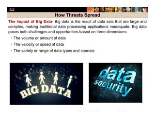 Presentation_ID 25© 2008 Cisco Systems, Inc. All rights reserved. Cisco Confidential
The Impact of Big Data- Big data is the result of data sets that are large and
complex, making traditional data processing applications inadequate. Big data
poses both challenges and opportunities based on three dimensions:
• The volume or amount of data
• The velocity or speed of data
• The variety or range of data types and sources
 