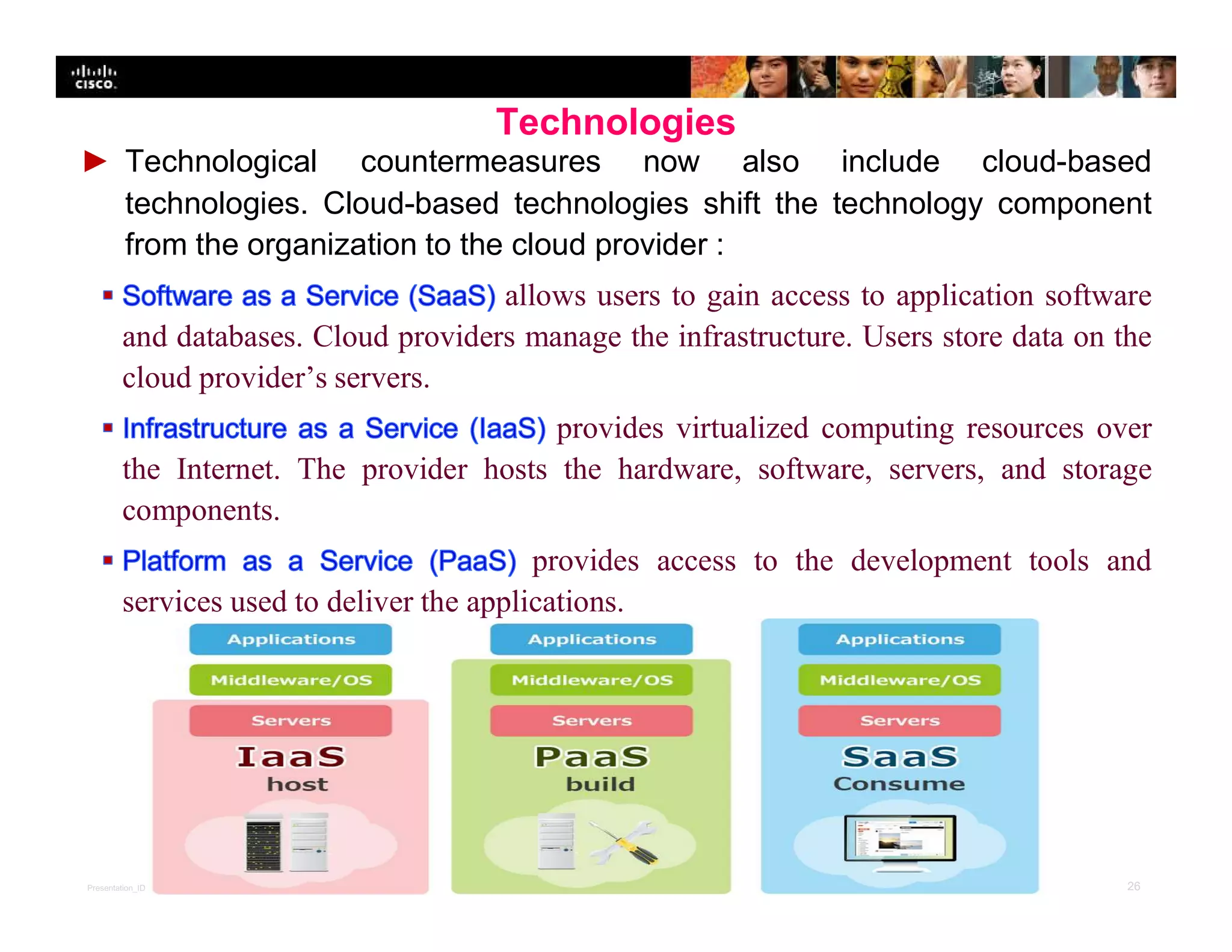 Presentation_ID 26© 2008 Cisco Systems, Inc. All rights reserved. Cisco Confidential
Technologies
► Technological countermeasures now also include cloud-based
technologies. Cloud-based technologies shift the technology component
from the organization to the cloud provider :
allows users to gain access to application software
and databases. Cloud providers manage the infrastructure. Users store data on the
cloud provider’s servers.
provides virtualized computing resources over
the Internet. The provider hosts the hardware, software, servers, and storage
components.
provides access to the development tools and
services used to deliver the applications.
 