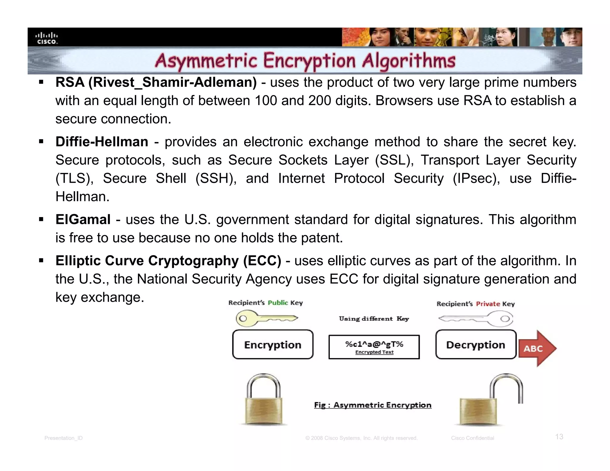 Presentation_ID 13© 2008 Cisco Systems, Inc. All rights reserved. Cisco Confidential
 RSA (Rivest_Shamir-Adleman) - uses the product of two very large prime numbers
with an equal length of between 100 and 200 digits. Browsers use RSA to establish a
secure connection.
 Diffie-Hellman - provides an electronic exchange method to share the secret key.
Secure protocols, such as Secure Sockets Layer (SSL), Transport Layer Security
(TLS), Secure Shell (SSH), and Internet Protocol Security (IPsec), use Diffie-
Hellman.
 ElGamal - uses the U.S. government standard for digital signatures. This algorithm
is free to use because no one holds the patent.
 Elliptic Curve Cryptography (ECC) - uses elliptic curves as part of the algorithm. In
the U.S., the National Security Agency uses ECC for digital signature generation and
key exchange.
 