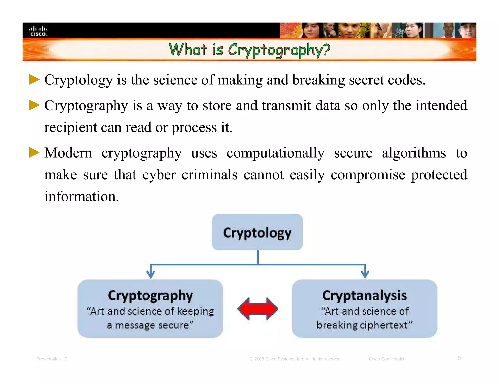 Presentation_ID 5© 2008 Cisco Systems, Inc. All rights reserved. Cisco Confidential
►Cryptology is the science of making and breaking secret codes.
►Cryptography is a way to store and transmit data so only the intended
recipient can read or process it.
►Modern cryptography uses computationally secure algorithms to
make sure that cyber criminals cannot easily compromise protected
information.
 