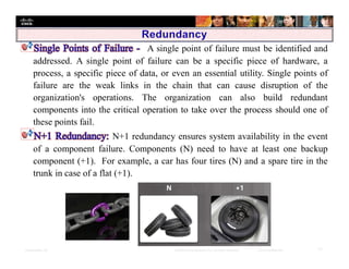 Presentation_ID 17© 2008 Cisco Systems, Inc. All rights reserved. Cisco Confidential
A single point of failure must be identified and
addressed. A single point of failure can be a specific piece of hardware, a
process, a specific piece of data, or even an essential utility. Single points of
failure are the weak links in the chain that can cause disruption of the
organization's operations. The organization can also build redundant
components into the critical operation to take over the process should one of
these points fail.
N+1 redundancy ensures system availability in the event
of a component failure. Components (N) need to have at least one backup
component (+1). For example, a car has four tires (N) and a spare tire in the
trunk in case of a flat (+1).
 