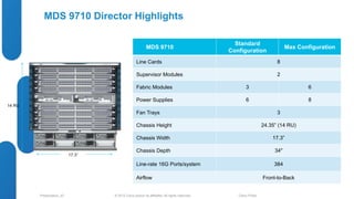 MDS 9710 Director Highlights 
© 2012 Cisco and/o Presentation_ID r its affiliates. All rights reserved. Cisco Public 
14 RU 
MDS 9710 
Standard 
Configuration 
Max Configuration 
Line Cards 8 
Supervisor Modules 2 
Fabric Modules 3 6 
Power Supplies 6 8 
Fan Trays 3 
Chassis Height 24.35” (14 RU) 
Chassis Width 17.3” 
Chassis Depth 34" 
Line-rate 16G Ports/system 384 
Airflow Front-to-Back 
17.3” 
 