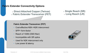 Fabric Extender Connectivity Options 
 Direct Attached Copper (Twinax) 
 Fabric Extender Transceiver (FET) 
Fabric Extender Transceiver (FET) 
• Cost-effective N5K->N2K interconnect 
• SFP+ form-factor 
• Reach of 100M (OM3 fiber) 
• Incompatible with SR optics 
• Used for N2K interconnect only 
• Low power & latency 
 Single Reach (SR) 
 Long Reach (LR) 
© 2012 Cisco and/o Presentation_ID r its affiliates. All rights reserved. Cisco Public 
 