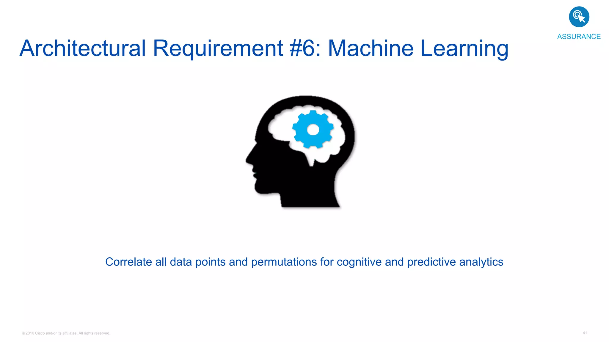 © 2016 Cisco and/or its affiliates. All rights reserved. 41
Correlate all data points and permutations for cognitive and predictive analytics
Architectural Requirement #6: Machine Learning
ASSURANCE
 