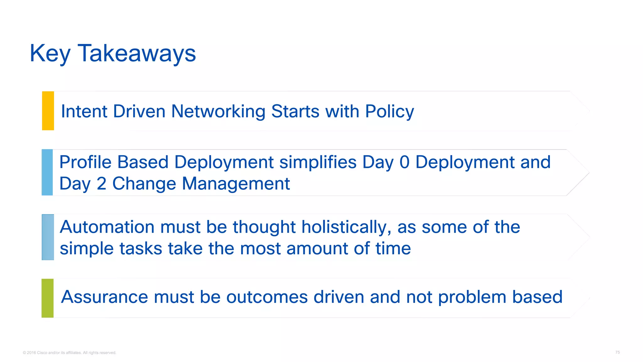 © 2016 Cisco and/or its affiliates. All rights reserved. 75
Key Takeaways
Profile Based Deployment simplifies Day 0 Deployment and
Day 2 Change Management
Assurance must be outcomes driven and not problem based
Intent Driven Networking Starts with Policy
Automation must be thought holistically, as some of the
simple tasks take the most amount of time
 