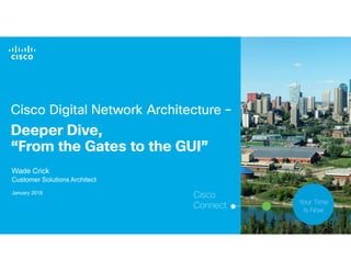© 2017 Cisco and/or its affiliates. All rights reserved. 1
Cisco Digital Network Architecture –
Deeper Dive,
“From the Gates to the GUI”
Wade Crick
Customer Solutions Architect
January 2018
Cisco
Connect Your Time
Is Now
 